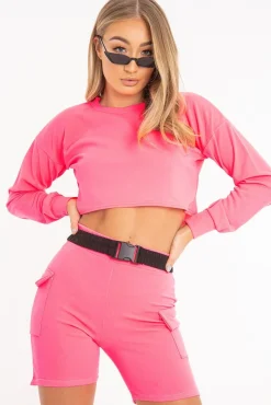 Rebellious Fashion Neon Pink Crop Top And Shorts Co-ord Set - Fina