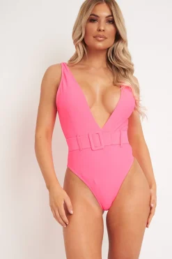 Rebellious Fashion Neon Pink Extreme Plunge Belted Swimsuit - Elvi