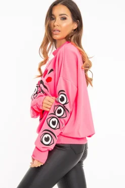 Rebellious Fashion Neon Pink Eye Print Crew Neck Sweatshirt - Lynden