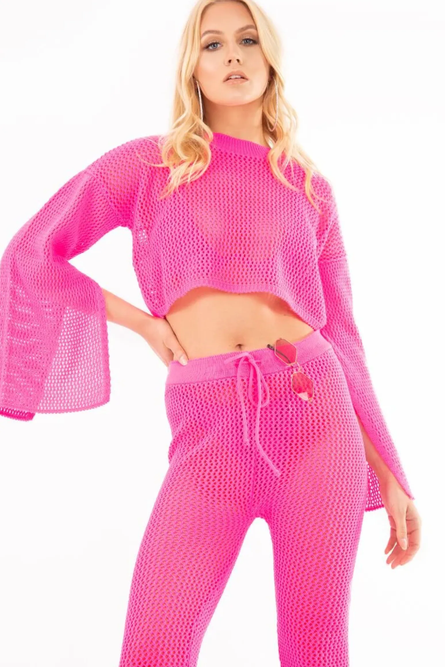 Rebellious Fashion Neon Pink Fishnet Crop Jumper Wide Leg Trouser Co-ord - Haddie