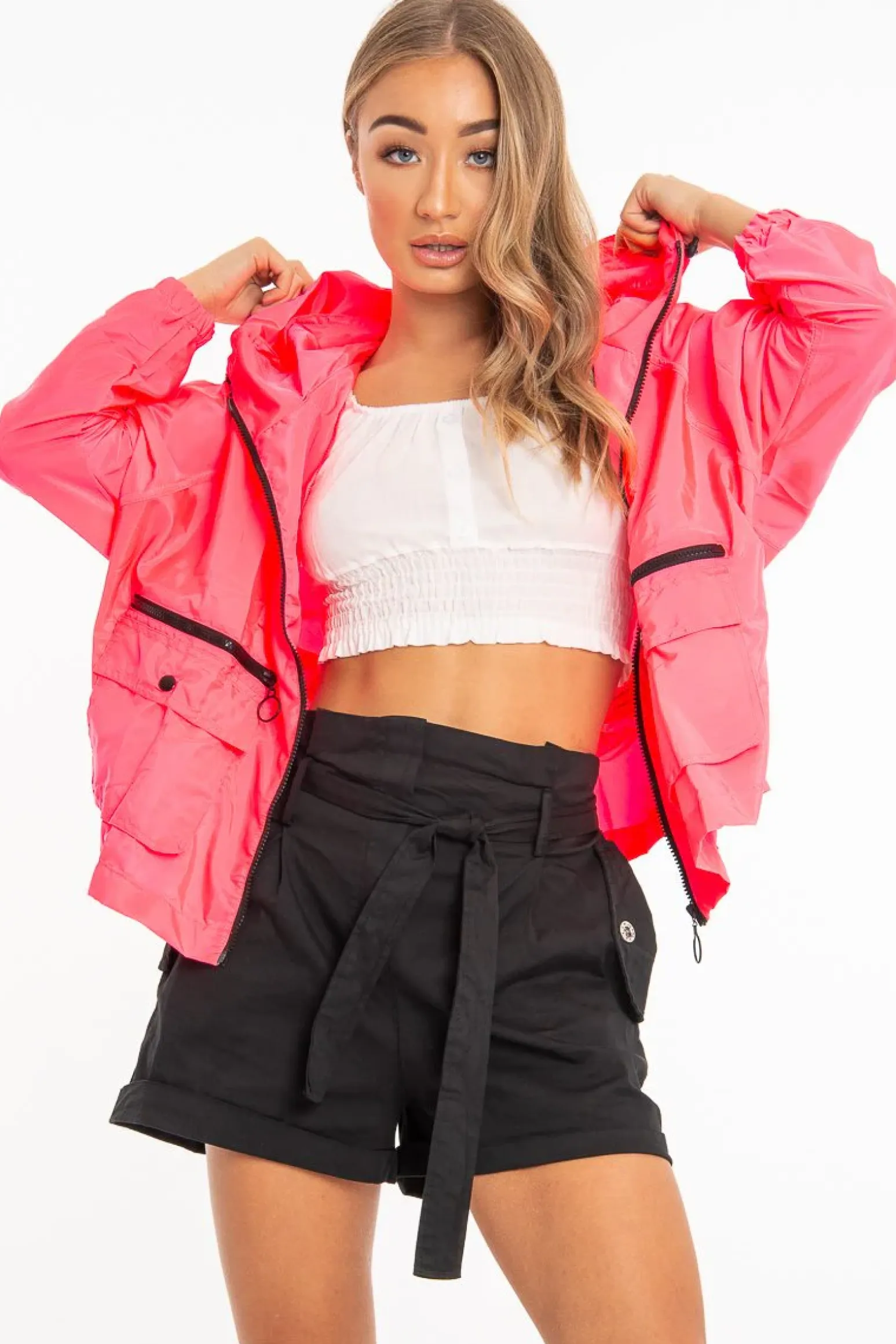 Rebellious Fashion Neon Pink Hooded Zip Front Rain Parka - Leticia