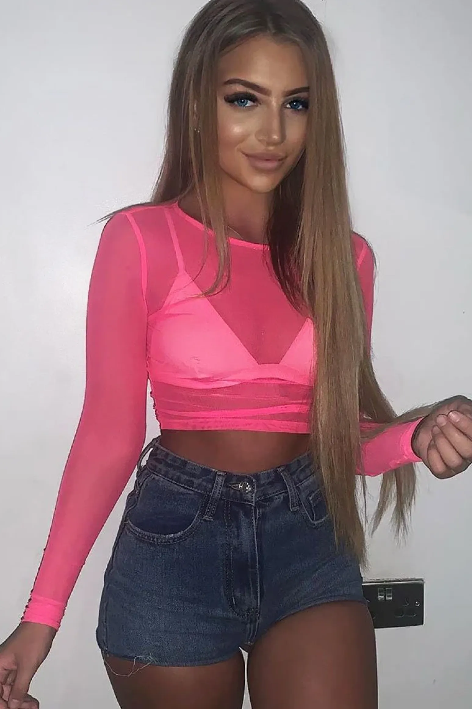 Rebellious Fashion Neon Pink Mesh Long Sleeve Crop Top - Presley