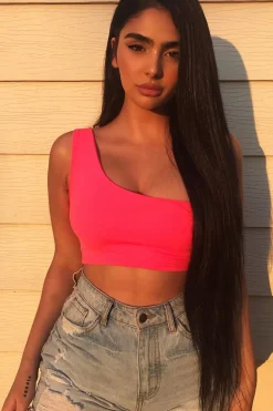 Rebellious Fashion Neon Pink One Shouldered Crop Top - Kamri