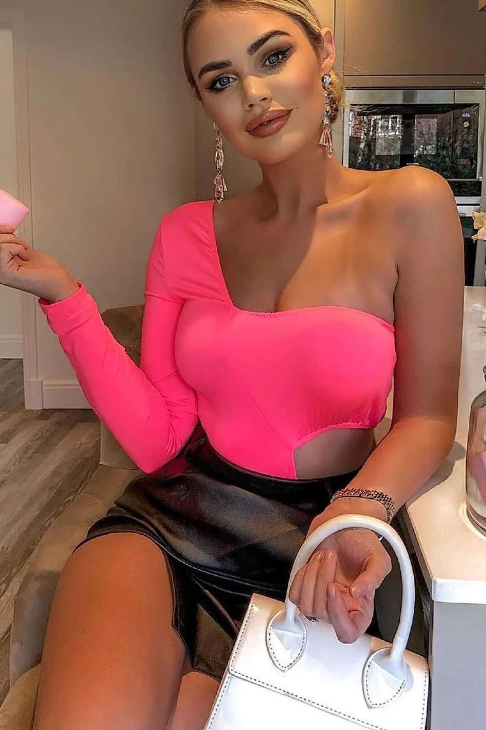Rebellious Fashion Neon Pink One Sleeve Cut Out Bodysuit - Lyana