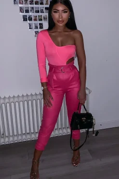 Rebellious Fashion Neon Pink One Sleeve Cut Out Bodysuit - Lyana