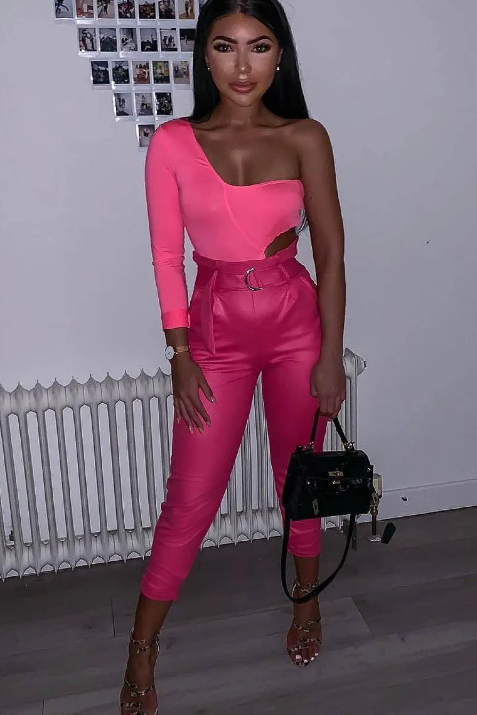 Rebellious Fashion Neon Pink One Sleeve Cut Out Bodysuit - Lyana