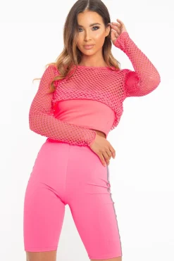 Rebellious Fashion Neon Pink Reflective Stripe Side Cycling Shorts - Betty