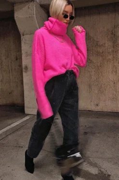Rebellious Fashion Neon Pink Roll Neck Jumper Dress - Freylynn