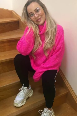 Rebellious Fashion Neon Pink Roll Neck Jumper Dress - Freylynn