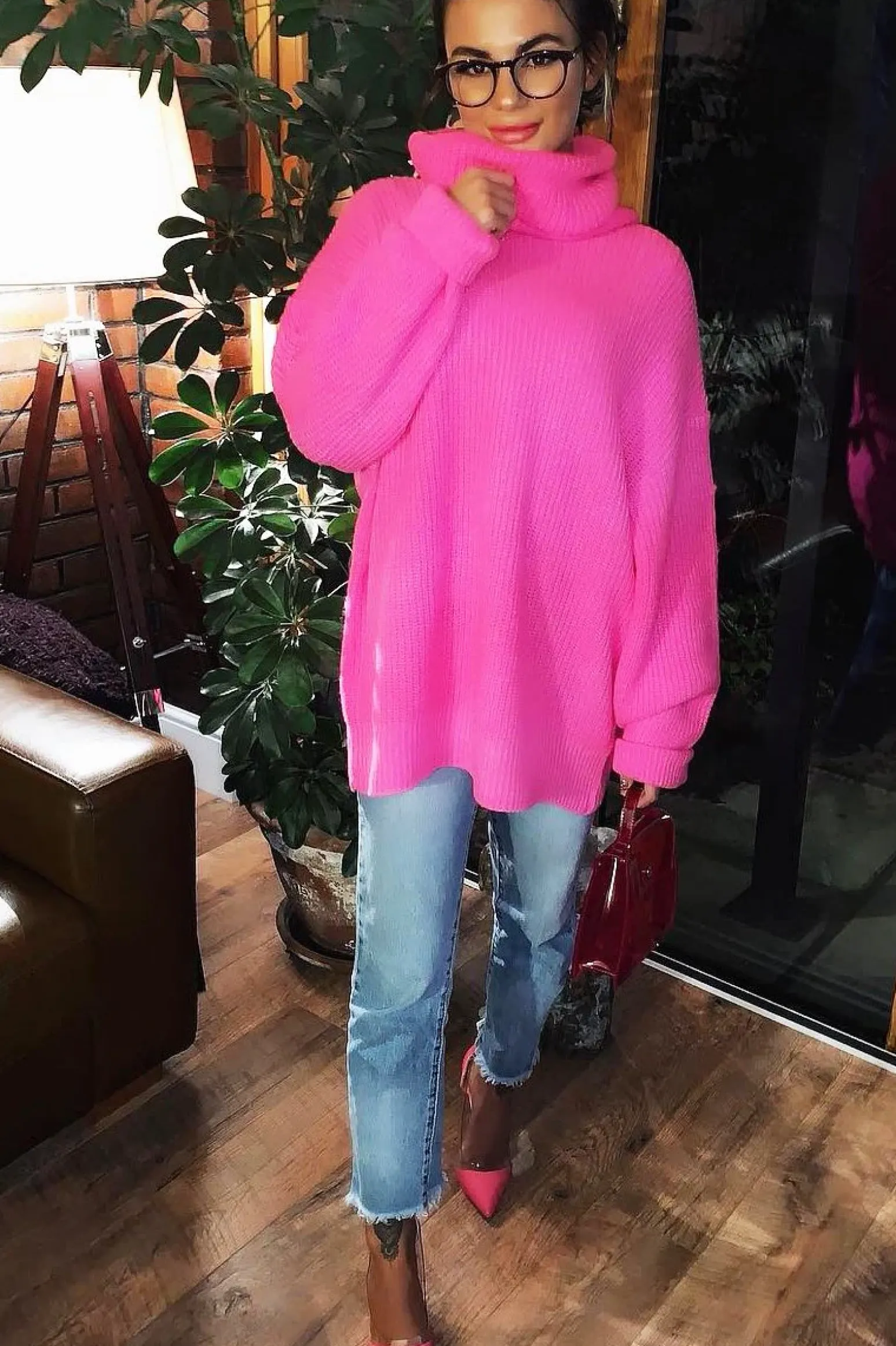 Rebellious Fashion Neon Pink Roll Neck Jumper Dress - Freylynn