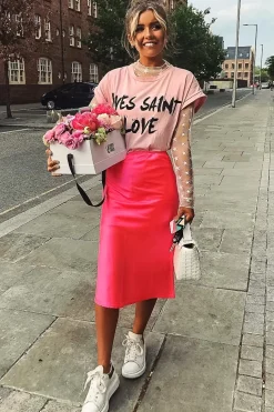Rebellious Fashion Neon Pink Satin High Waist Floaty Midi Skirt - Dasha