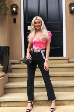 Rebellious Fashion Neon Pink Satin Milkmaid Ring Zip Crop Top - Aariel