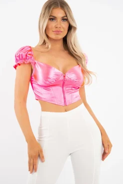 Rebellious Fashion Neon Pink Satin Milkmaid Ring Zip Crop Top - Aariel