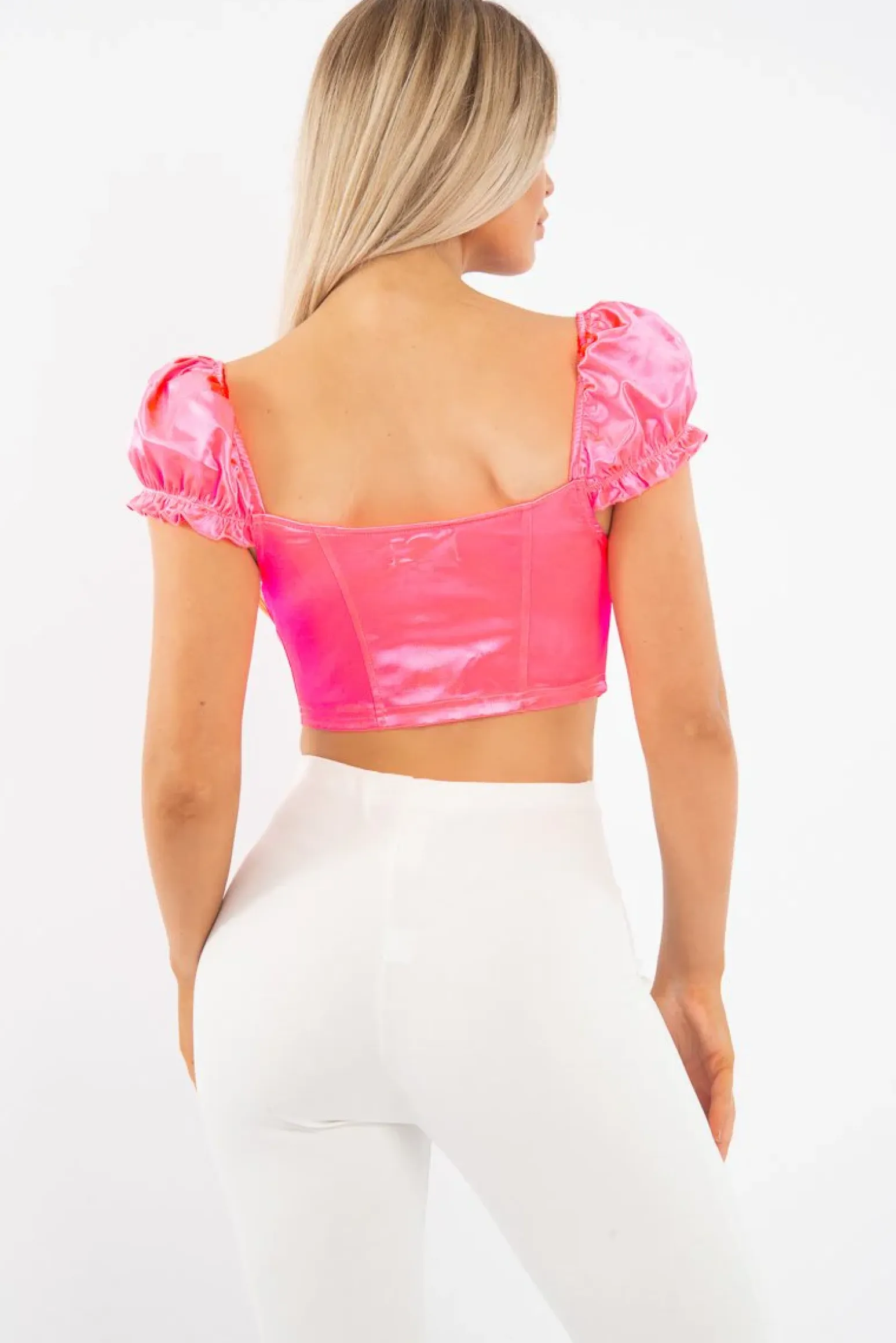 Rebellious Fashion Neon Pink Satin Milkmaid Ring Zip Crop Top - Aariel