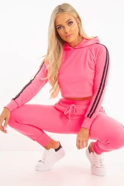Rebellious Fashion Neon Pink Stripe Side Crop Tracksuit - Misha