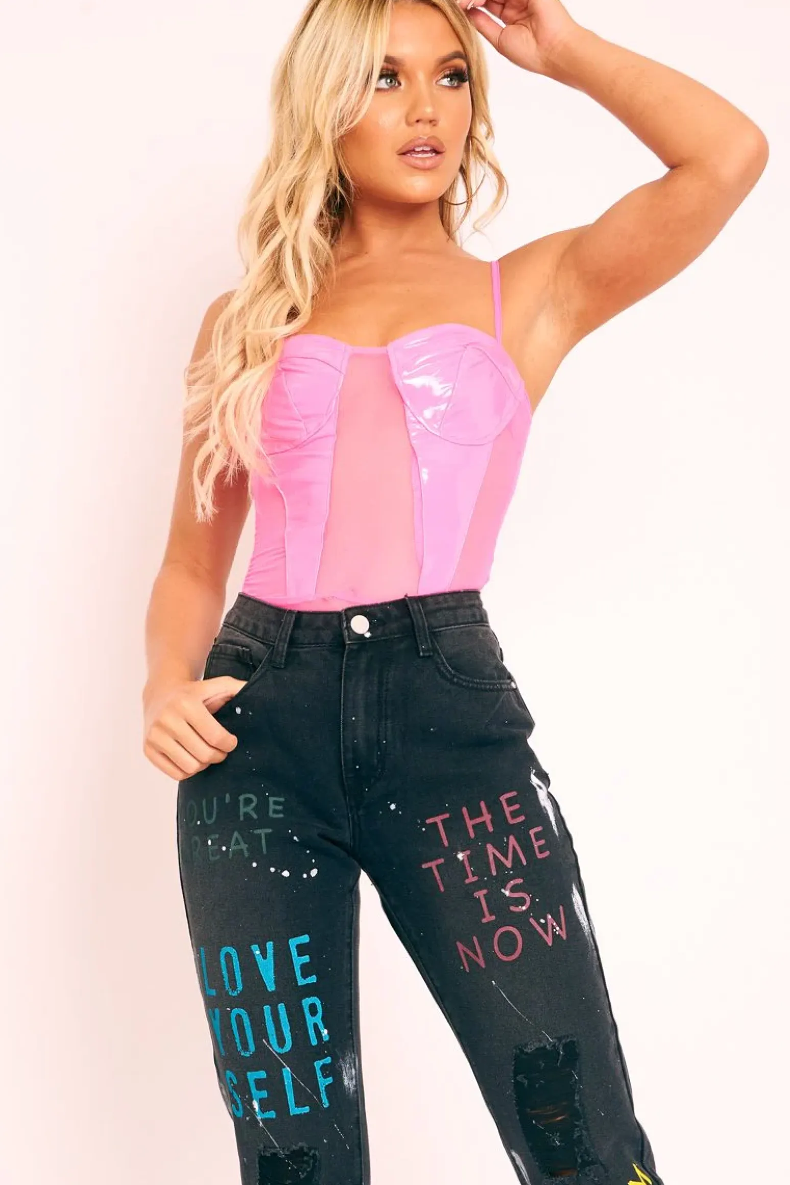 Rebellious Fashion Neon Pink Vinyl Mesh Corset Bodysuit - Joeliz