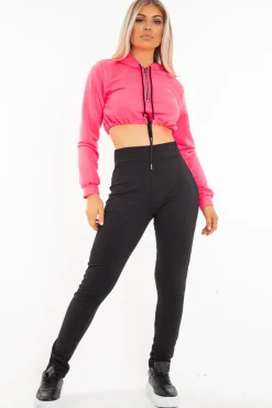 Rebellious Fashion Neon Pink Zip Front Drawstring Waist Hoodie Crop Top - Rudi