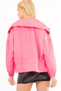 Rebellious Fashion Neon Pink Zip Front Rain Jacket - Idalie
