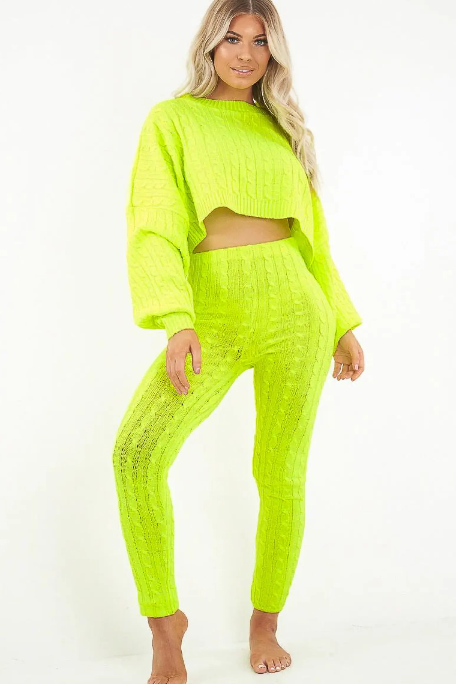 Rebellious Fashion Neon Yellow Cable Knit Batwing Jumper Loungwear Set - Janea