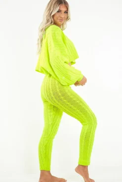 Rebellious Fashion Neon Yellow Cable Knit Batwing Jumper Loungwear Set - Janea