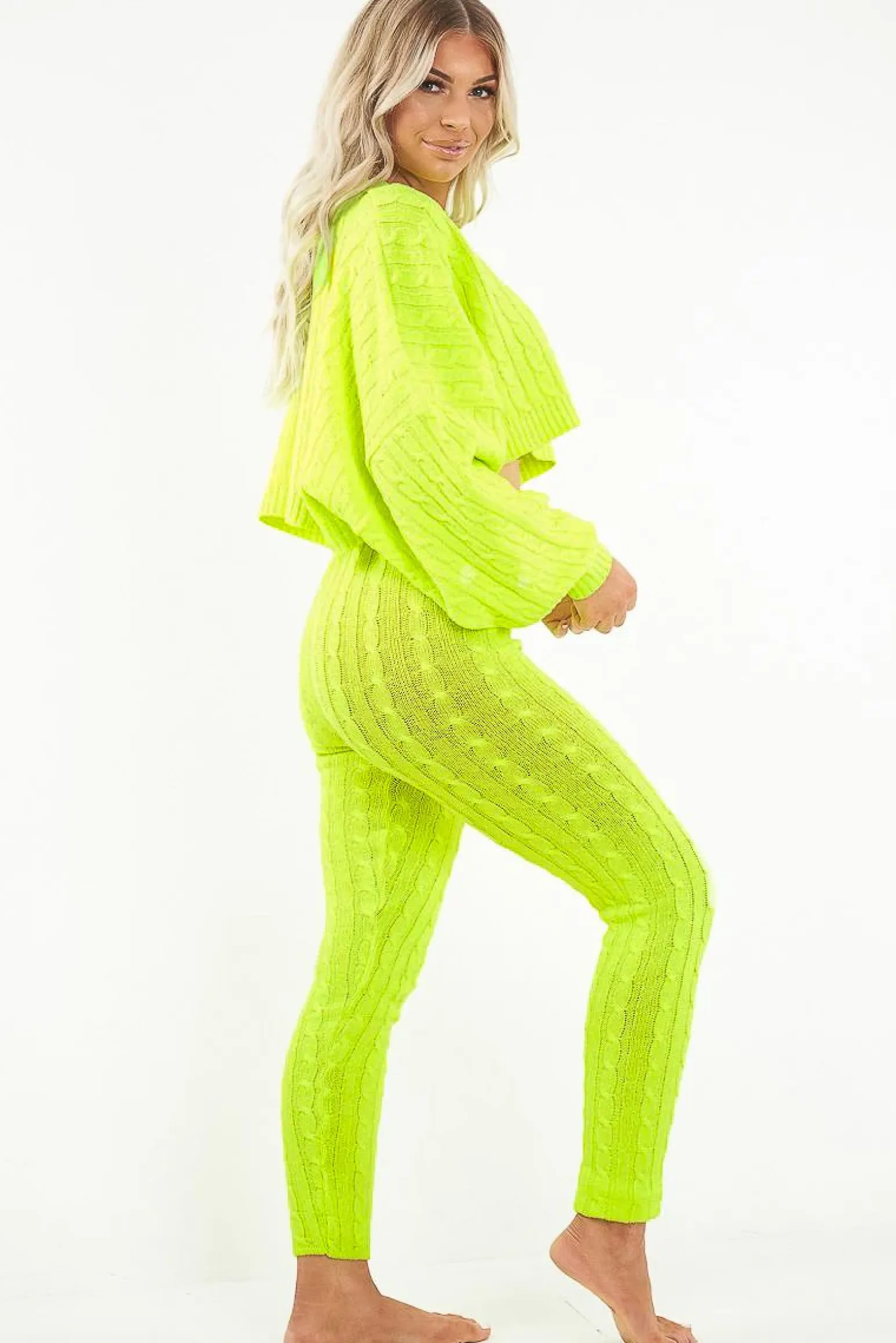 Rebellious Fashion Neon Yellow Cable Knit Batwing Jumper Loungwear Set - Janea