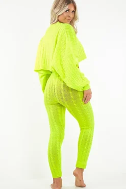 Rebellious Fashion Neon Yellow Cable Knit Batwing Jumper Loungwear Set - Janea