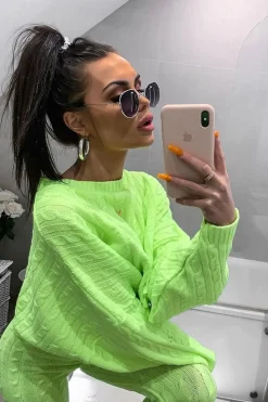 Rebellious Fashion Neon Yellow Cable Knit Batwing Jumper Loungwear Set - Janea