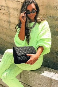 Rebellious Fashion Neon Yellow Cable Knit Batwing Jumper Loungwear Set - Janea