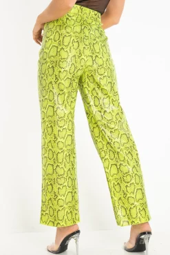 Rebellious Fashion Neon Yellow Coated Snake Print Trousers - Missy