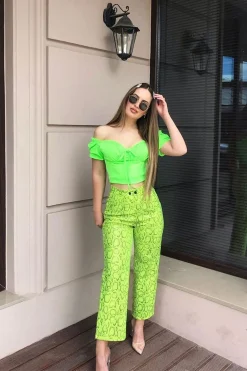 Rebellious Fashion Neon Yellow Coated Snake Print Trousers - Missy