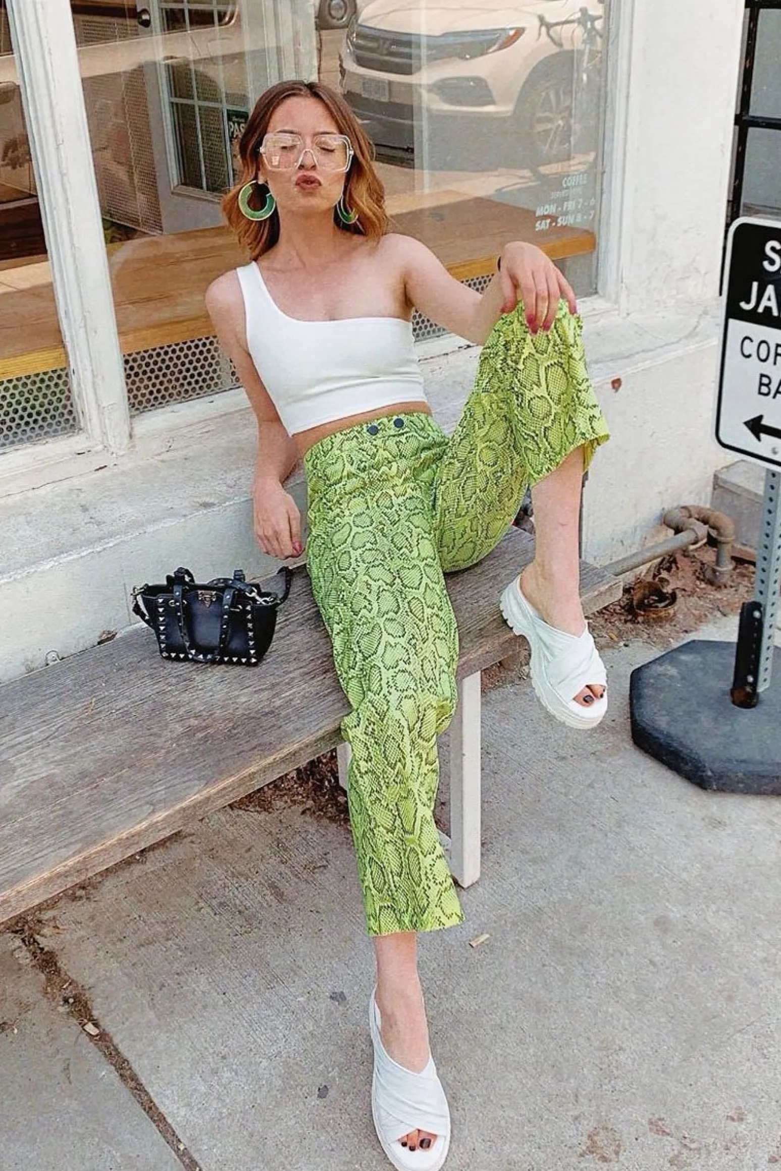 Rebellious Fashion Neon Yellow Coated Snake Print Trousers - Missy
