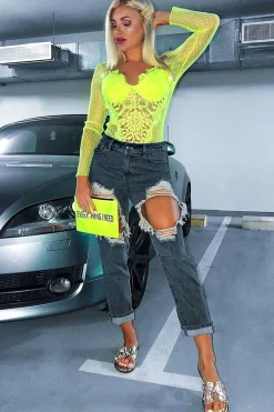 Rebellious Fashion Neon Yellow Dobby Mesh Low Cut Bodysuit - Tamara