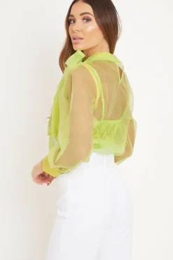 Rebellious Fashion Neon Yellow Mesh Balloon Sleeve Blouse - Elvina