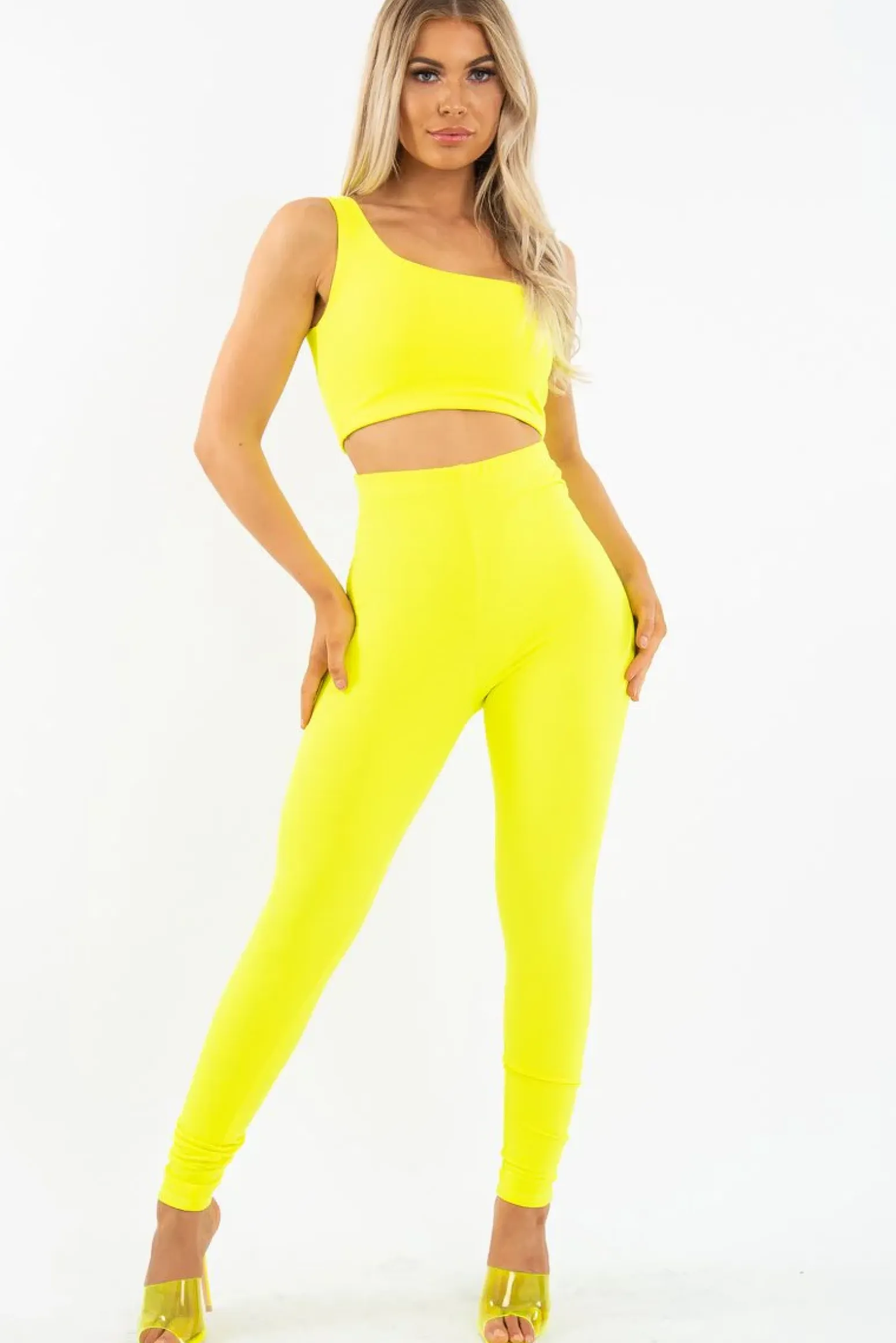 Rebellious Fashion Neon Yellow One Shoulder Crop Top and Leggings Co-Ord - Marrie