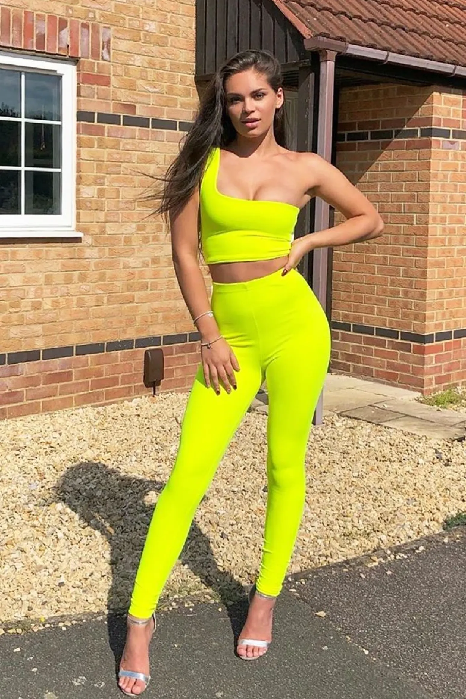 Rebellious Fashion Neon Yellow One Shoulder Crop Top and Leggings Co-Ord - Marrie