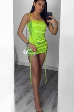 Rebellious Fashion Neon Yellow Satin Ruched Front Mini Dress - Delsie