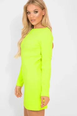 Rebellious Fashion Neon Yellow Slash Neck Jumper Dress - Jeslyn
