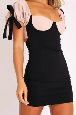 Rebellious Fashion Nude and Black Bow Sleeve Milkmaid Mini Dress - Mylee