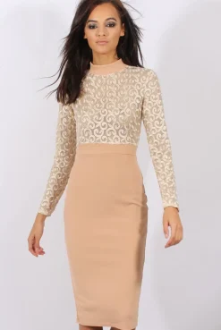 Rebellious Fashion Nude & Gold Mesh Top Embroidered Midi Dress - Louiza