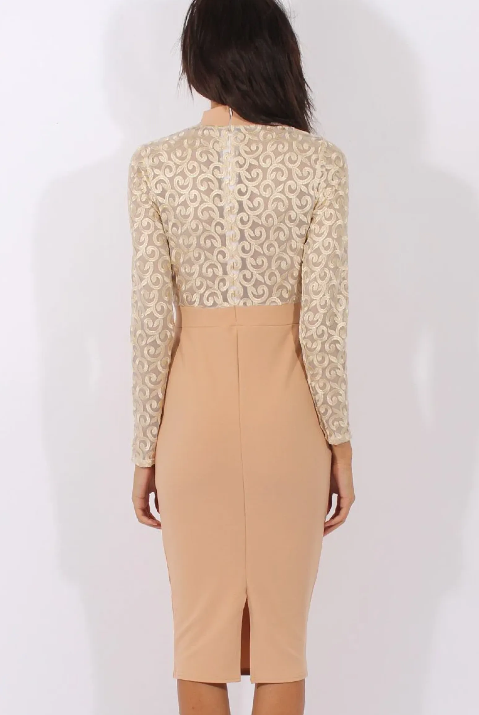 Rebellious Fashion Nude & Gold Mesh Top Embroidered Midi Dress - Louiza
