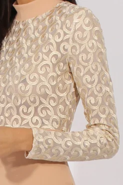 Rebellious Fashion Nude & Gold Mesh Top Embroidered Midi Dress - Louiza