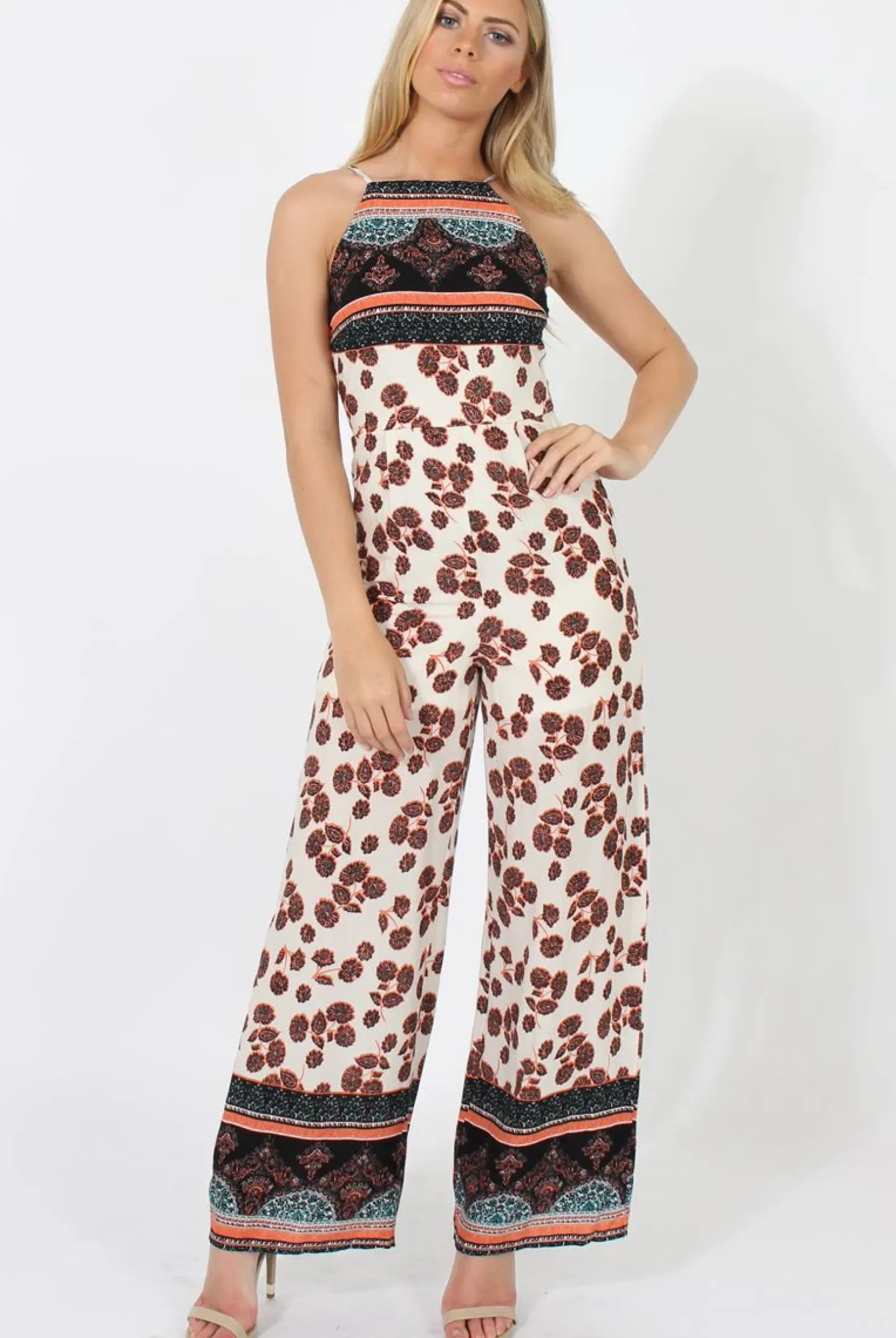 Rebellious Fashion Nude & Orange Pattern Jumpsuit - Constance