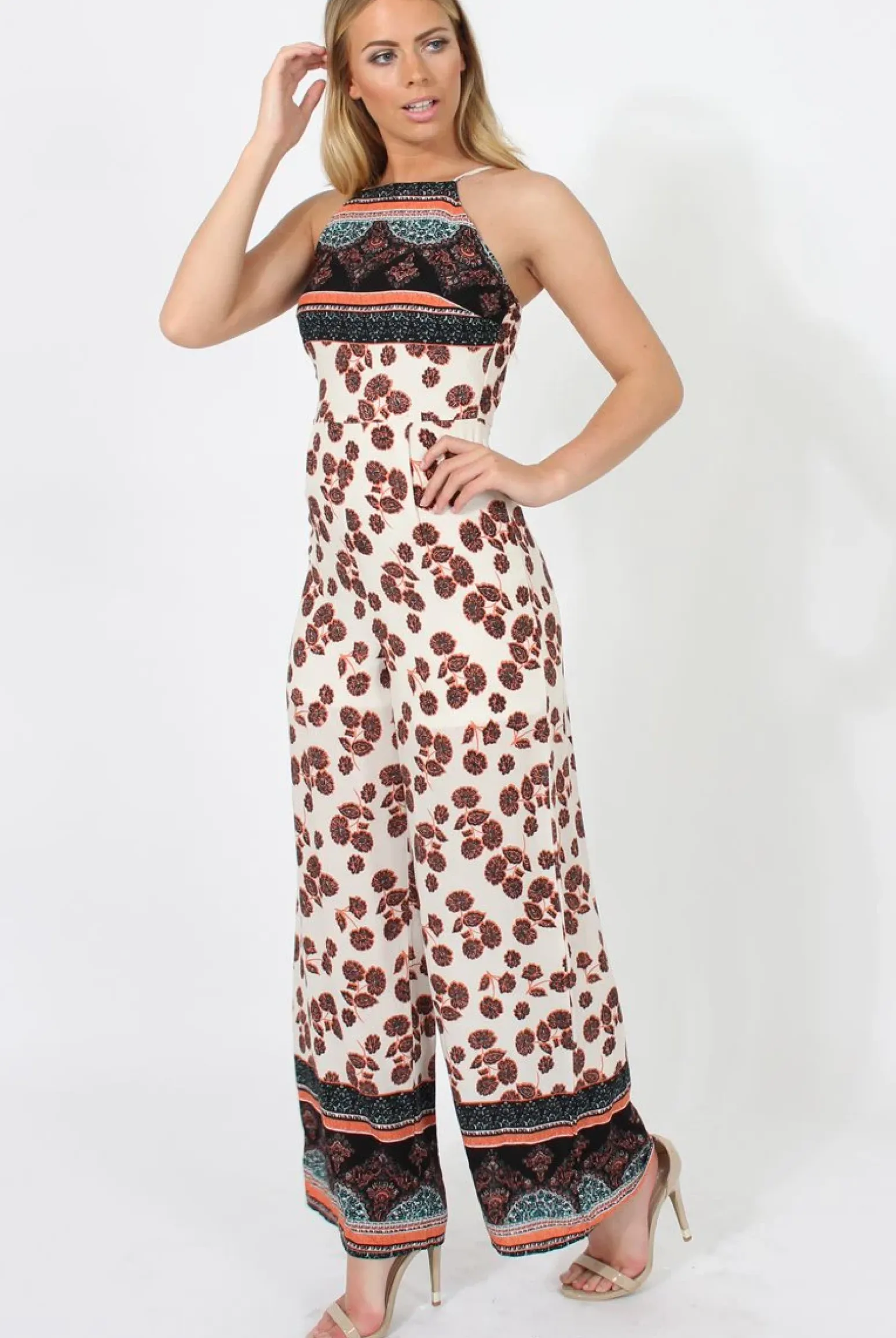 Rebellious Fashion Nude & Orange Pattern Jumpsuit - Constance