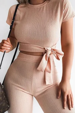 Rebellious Fashion Nude Bandage Rib Tie Waist T-Shirt Trousers Co-Ord - Kalise