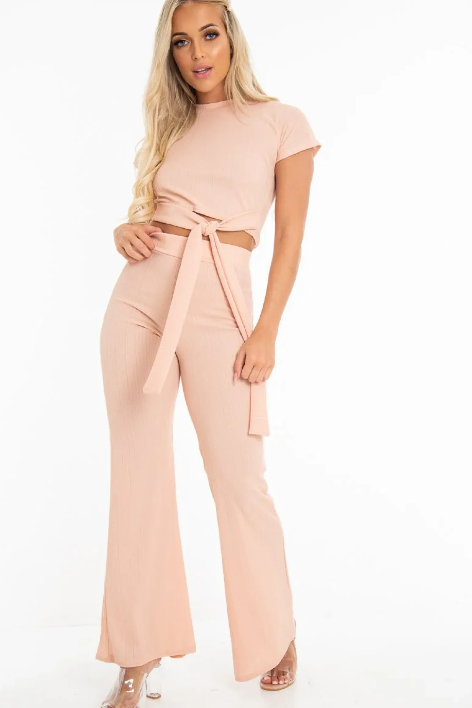 Rebellious Fashion Nude Bandage Rib Tie Waist T-Shirt Trousers Co-Ord - Kalise