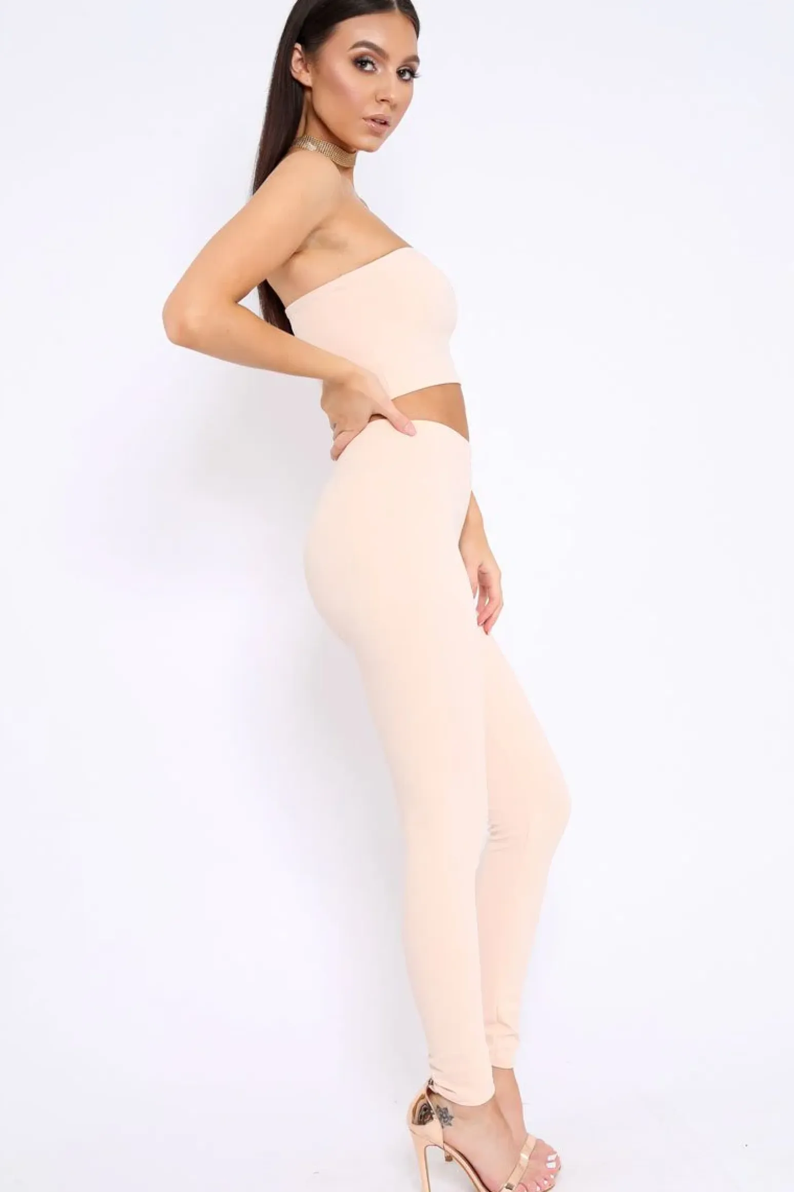 Rebellious Fashion Nude Bandeau Top And Leggings Co-Ord - Kristina