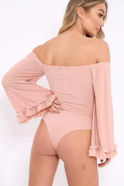 Rebellious Fashion Nude Bardot Frill Flare Sleeve Bodysuit - Sofiya