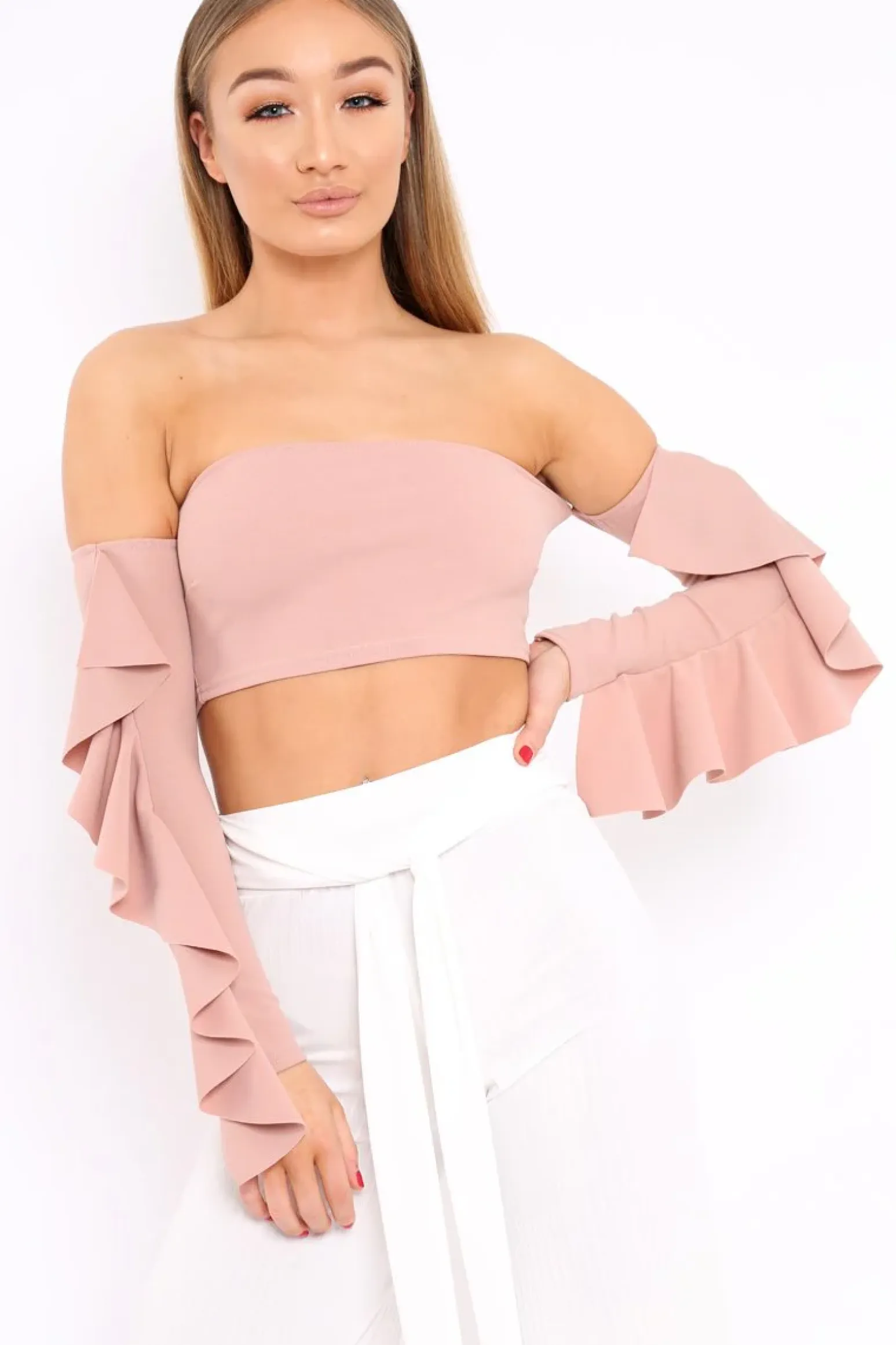 Rebellious Fashion Nude Bardot Frill Sleeve Crop Top - Nancie