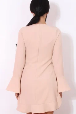 Rebellious Fashion Nude Bell Sleeve Shift Dress-Caroline