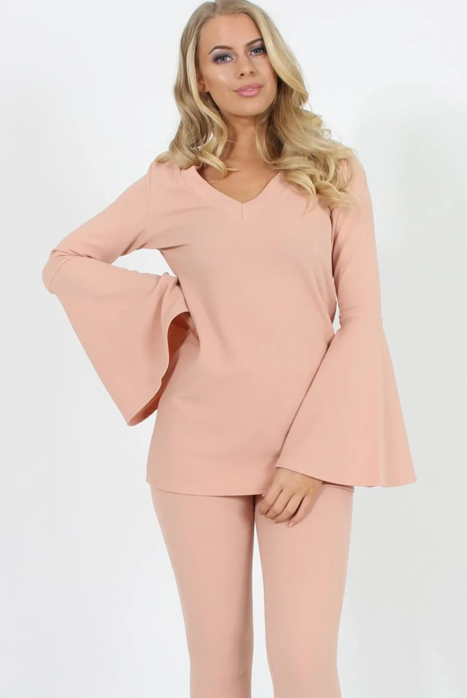 Rebellious Fashion Nude Bell Sleeve Two Piece Set- Terry